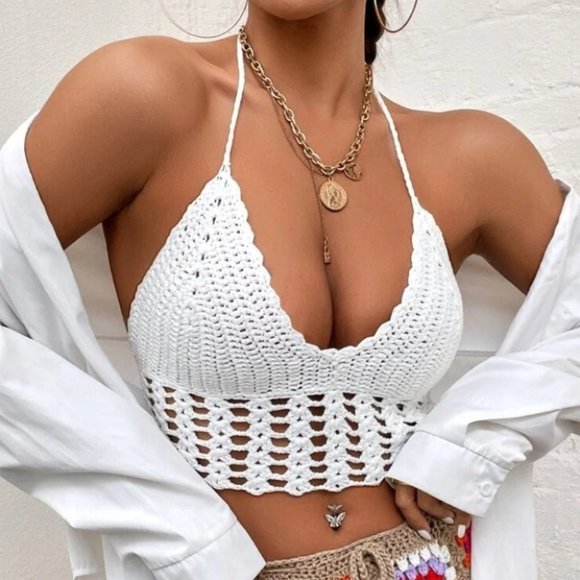 Tops - white boho Crochet Halter Knit Backless Top white